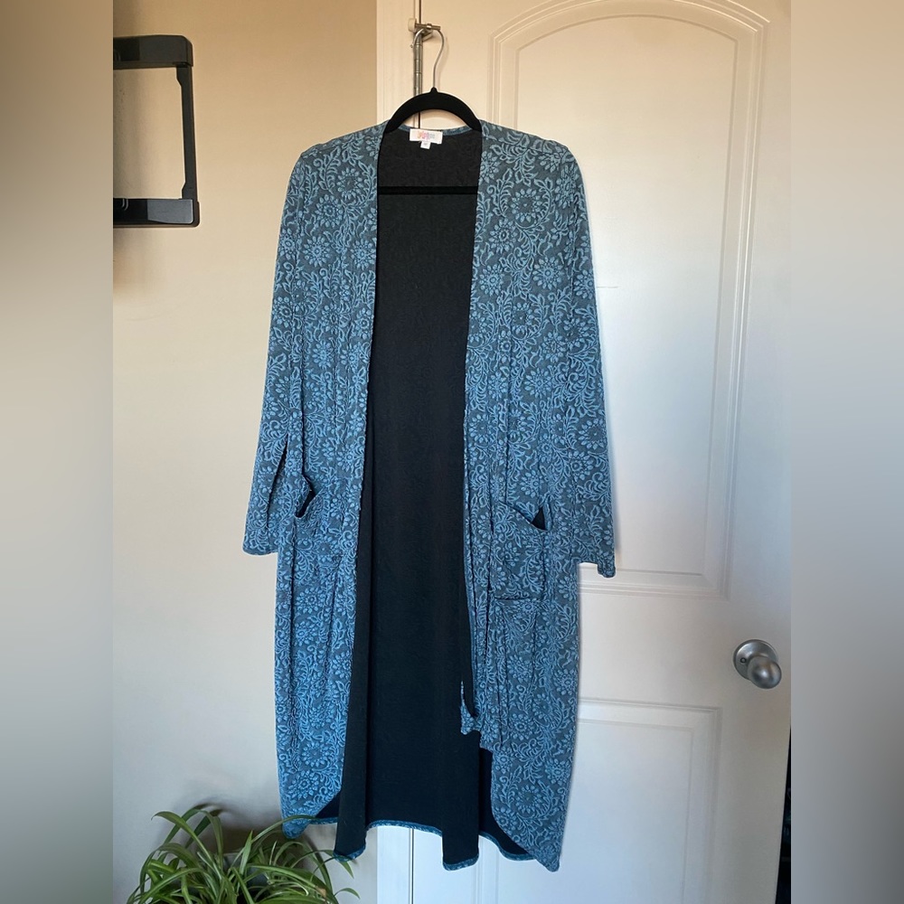Blue floral printed long cardigan; never worn but does not have tags